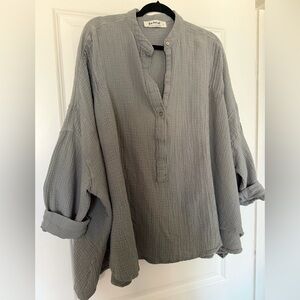 Relaxed Cotton Gauze Henley Shirt - Light Gray/Sage